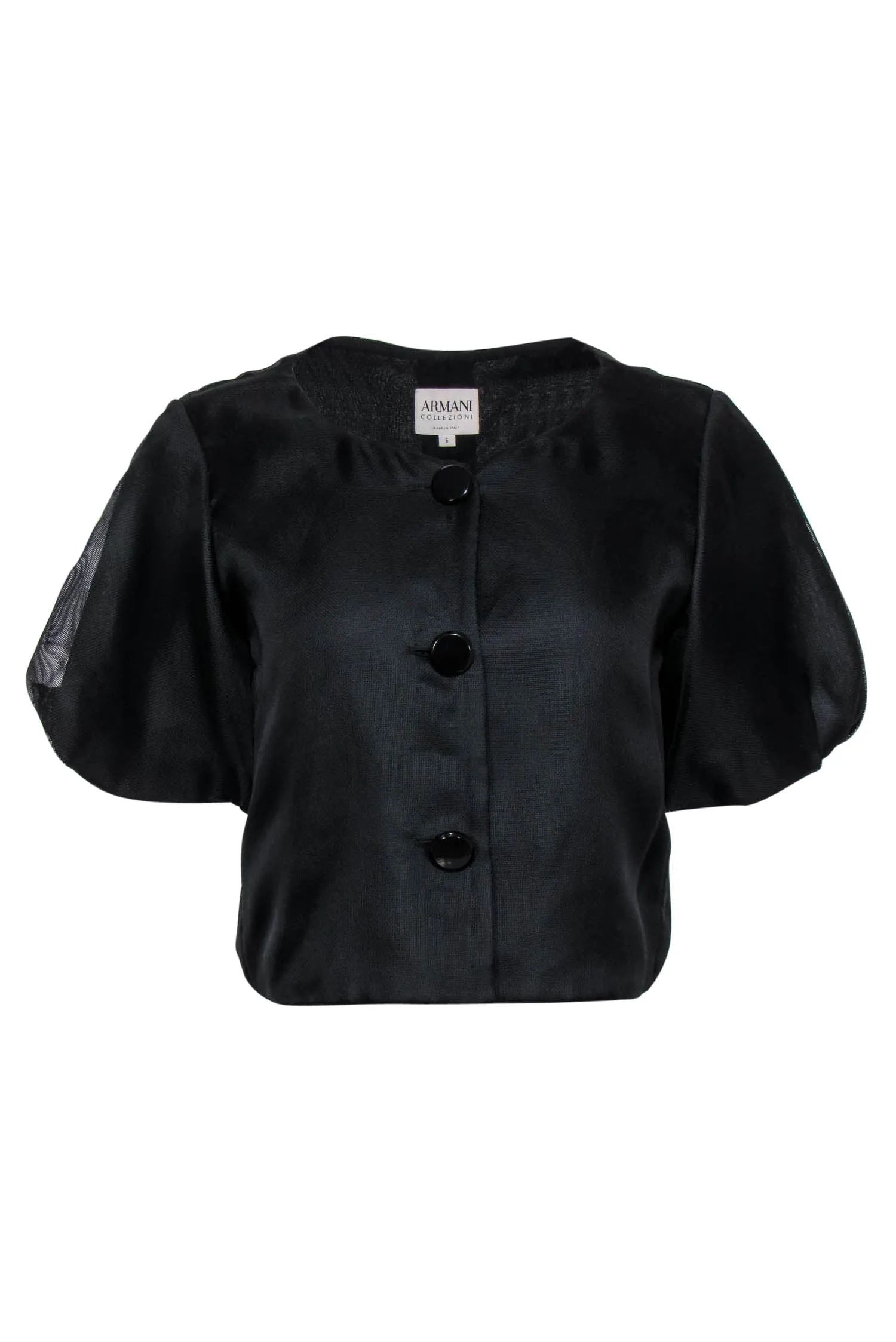 Armani Collezioni - Black Cropped Puff Sleeve Button-Up Silk Jacket Sz 6