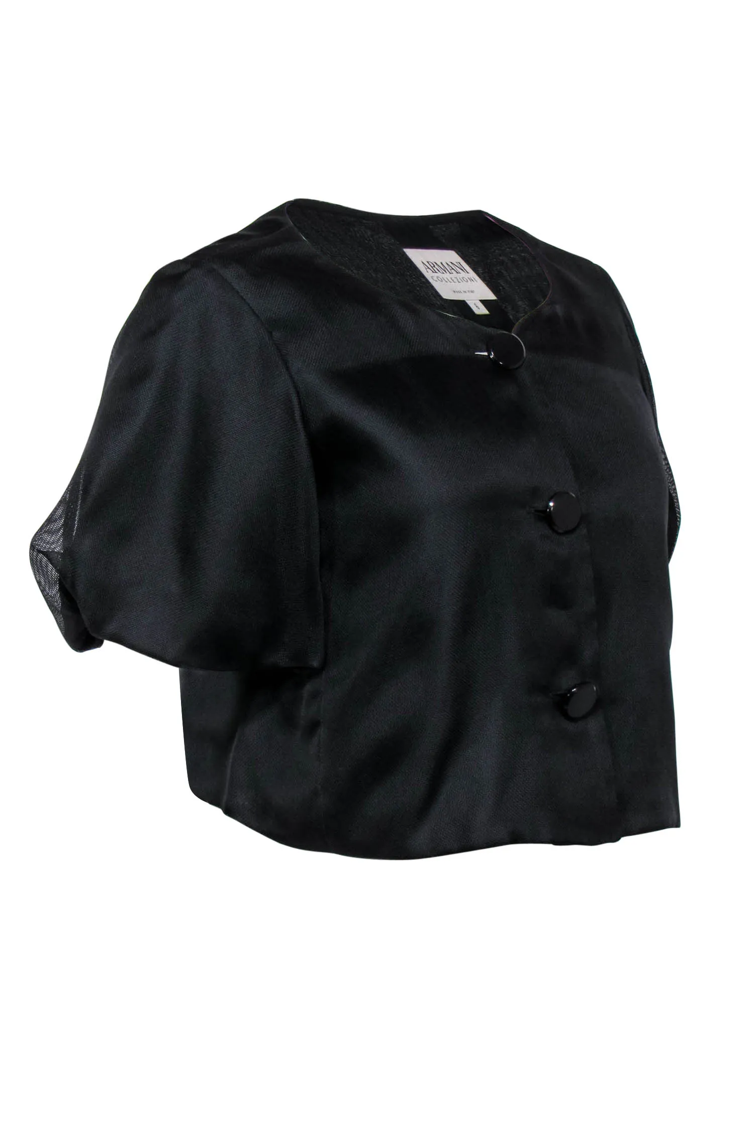 Armani Collezioni - Black Cropped Puff Sleeve Button-Up Silk Jacket Sz 6