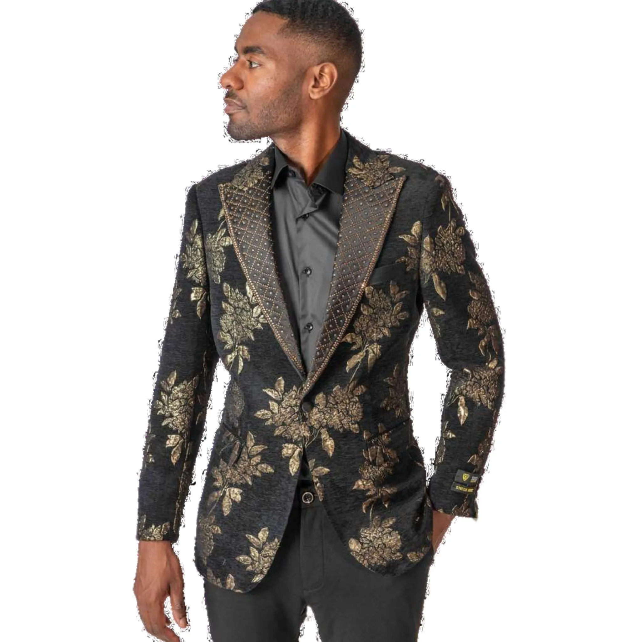 Black & Gold Floral Tuxedo Blazer – Luxury Prom & Wedding Jacket