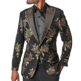 Black & Gold Floral Tuxedo Blazer – Luxury Prom & Wedding Jacket