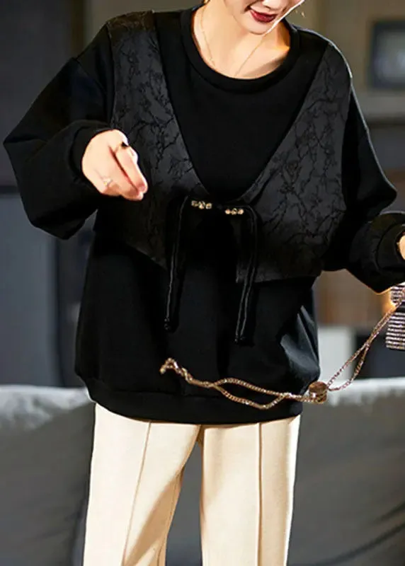 Black Button Patchwork Sweatshirts