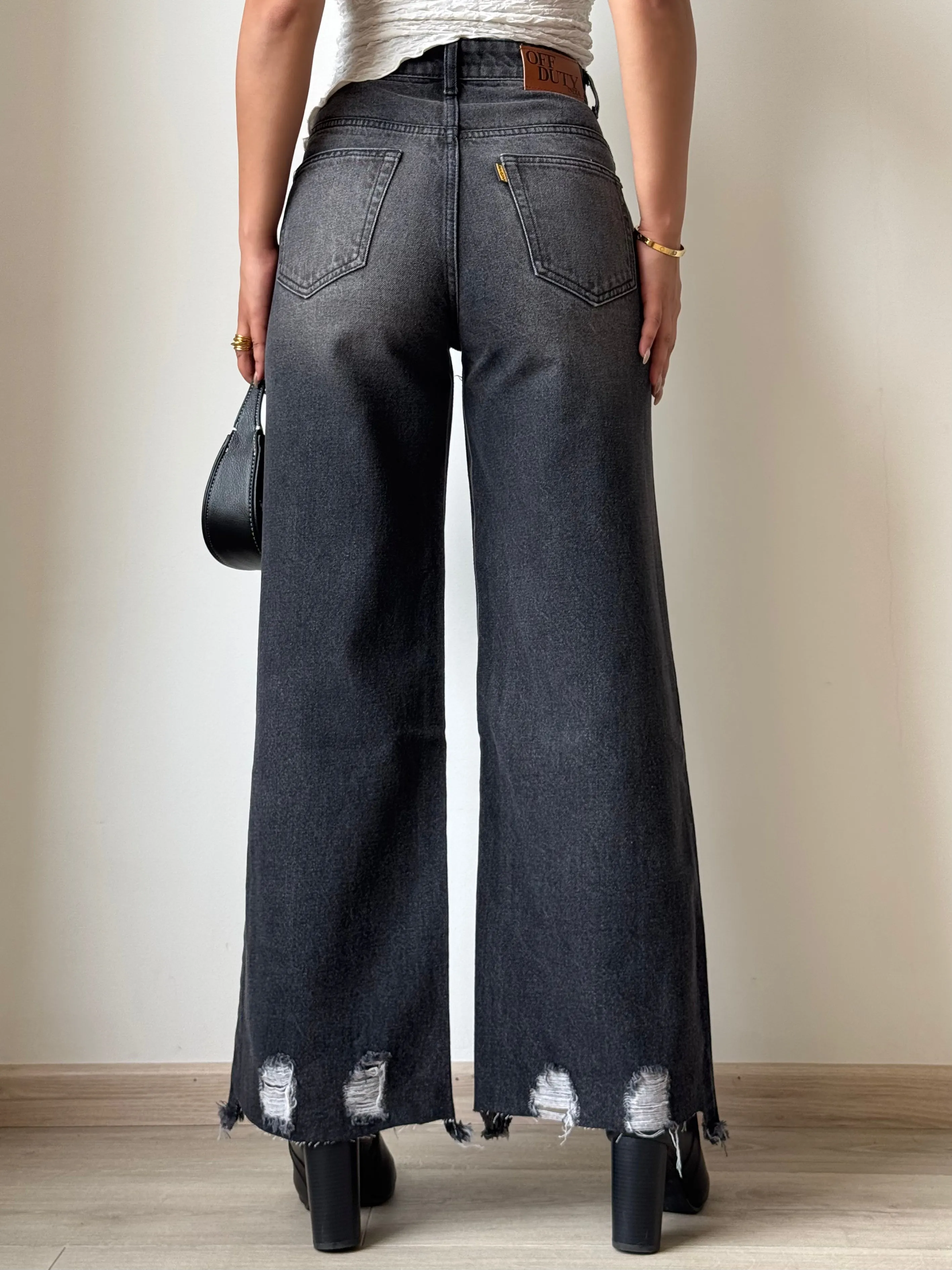 Black Destroyed Hem Fade Wide Leg Cropped Jeans