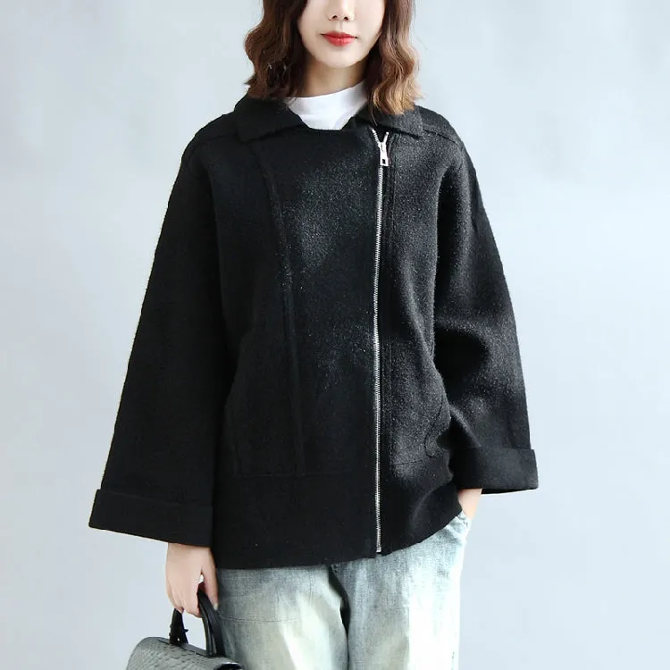 Black woolen cape coats oversized zippered short jackets