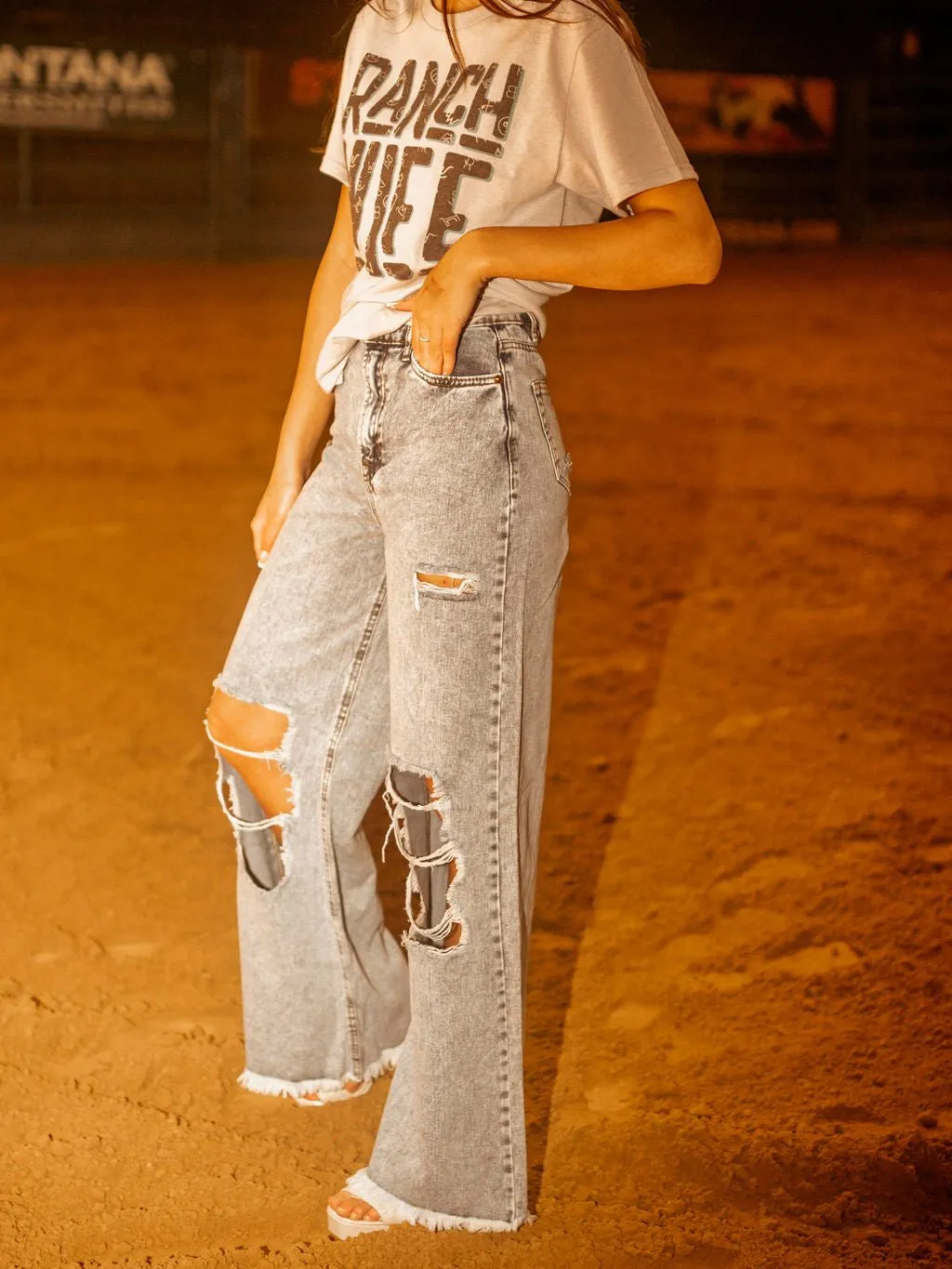 Bleached Cut Out Wide Leg Jeans