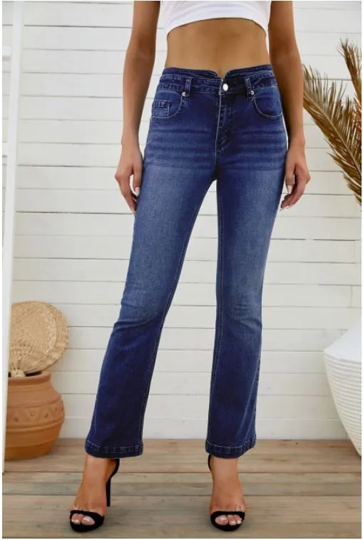 Blue High Rise Buttoned Flared Jeans