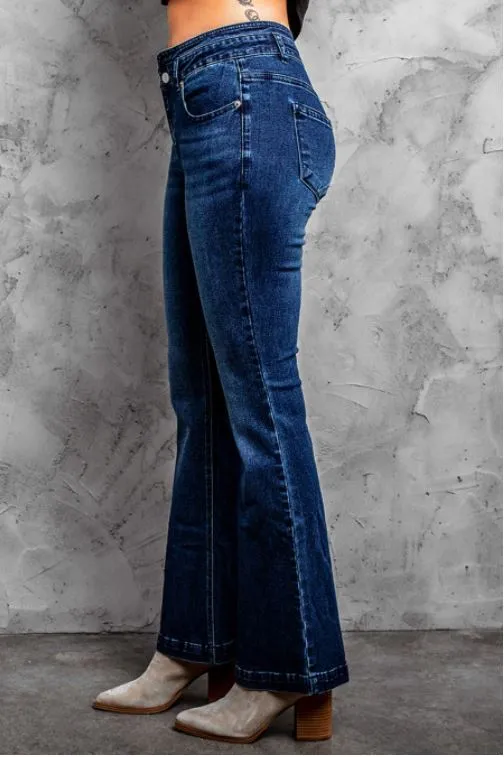 Blue High Rise Buttoned Flared Jeans