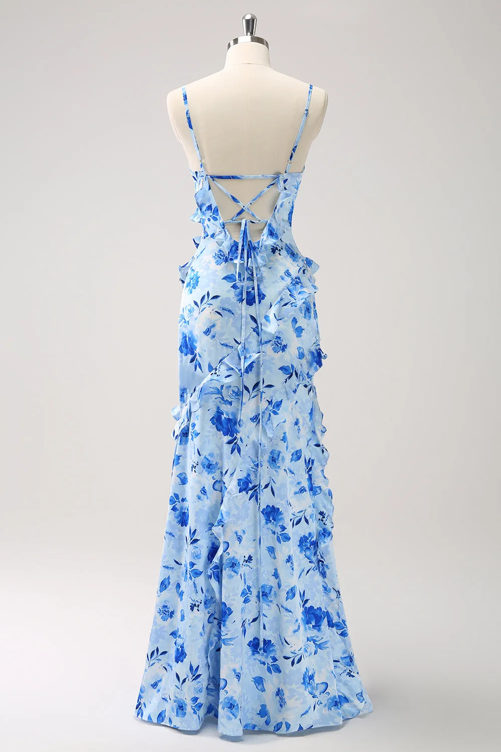 Blue Sheath Floral Ruffles Maxi Dress with Slit