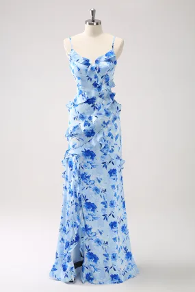 Blue Sheath Floral Ruffles Maxi Dress with Slit