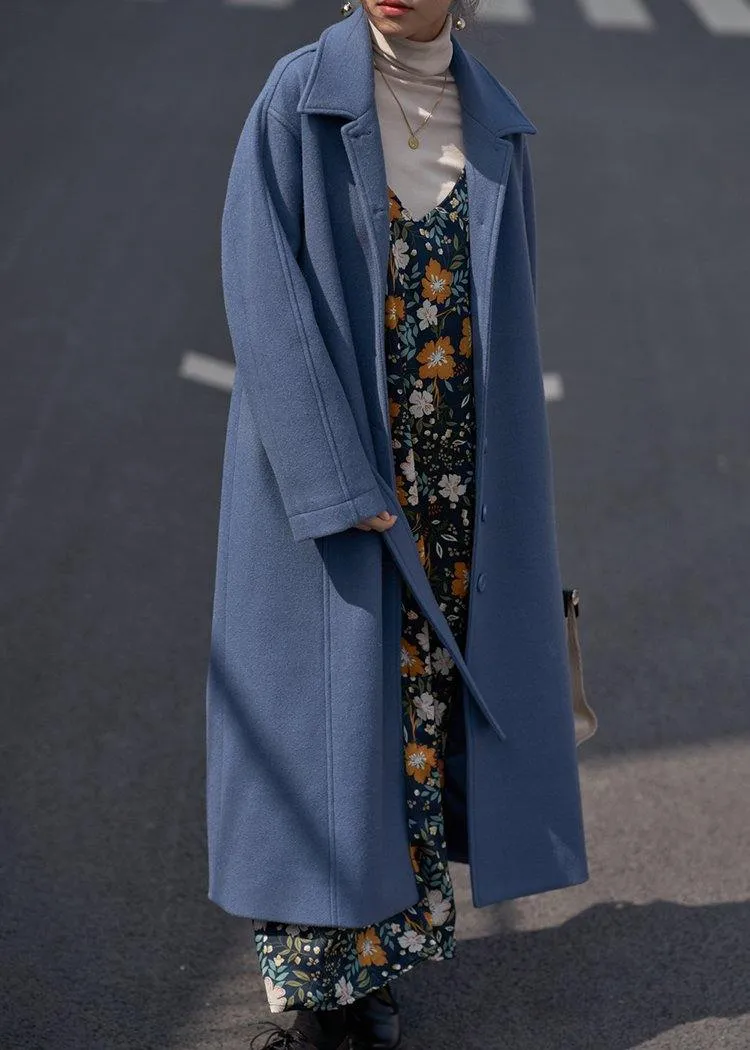 blue Woolen Coats Women oversize Notched tie waist long coat