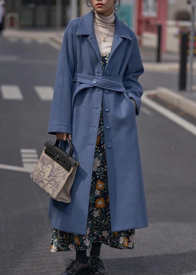 blue Woolen Coats Women oversize Notched tie waist long coat