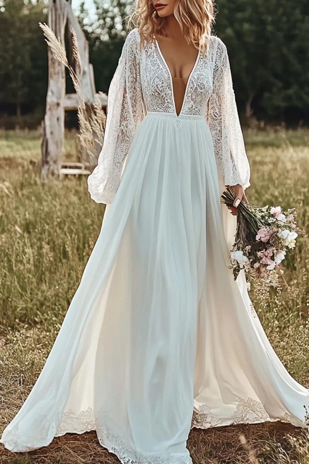 Boho A Line V Neck Illusion Sleeve Ivory Wedding Dress