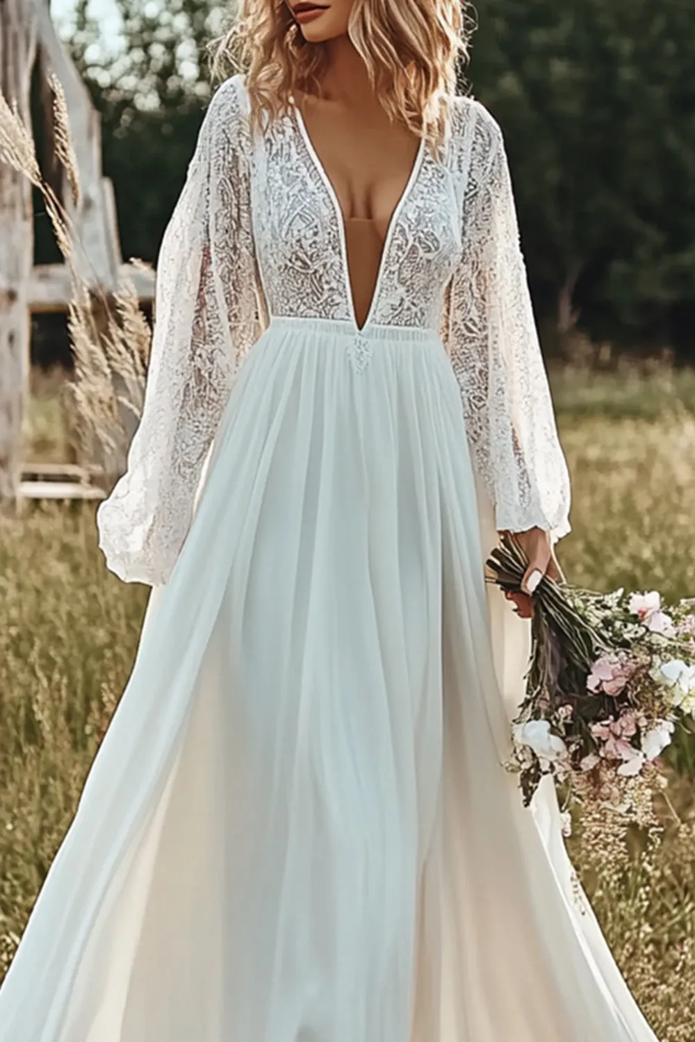 Boho A Line V Neck Illusion Sleeve Ivory Wedding Dress