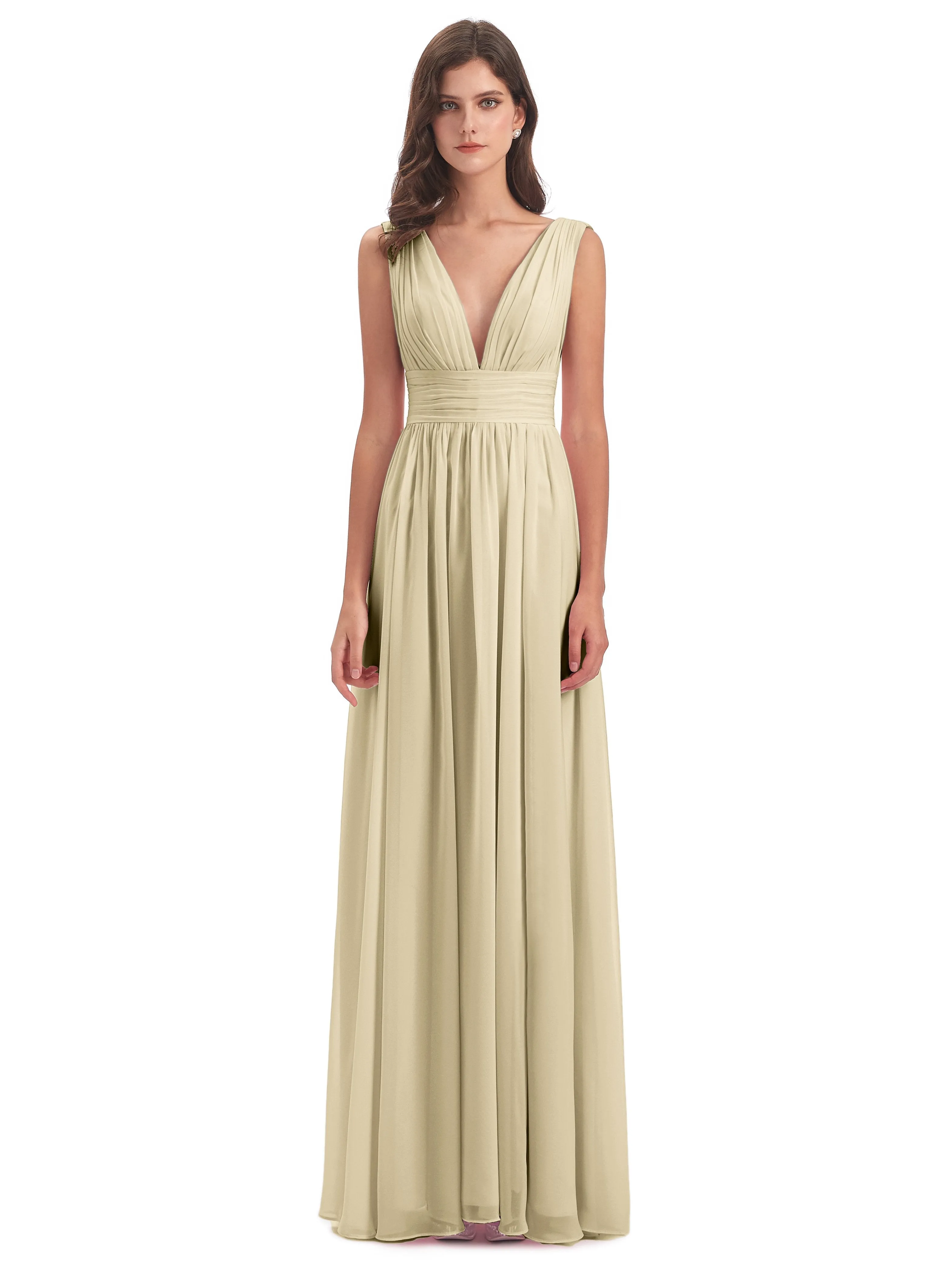 Bridesmaid Dresses Champagne Charming Chiffon V Neck Split Long Bridesmaid Dresses