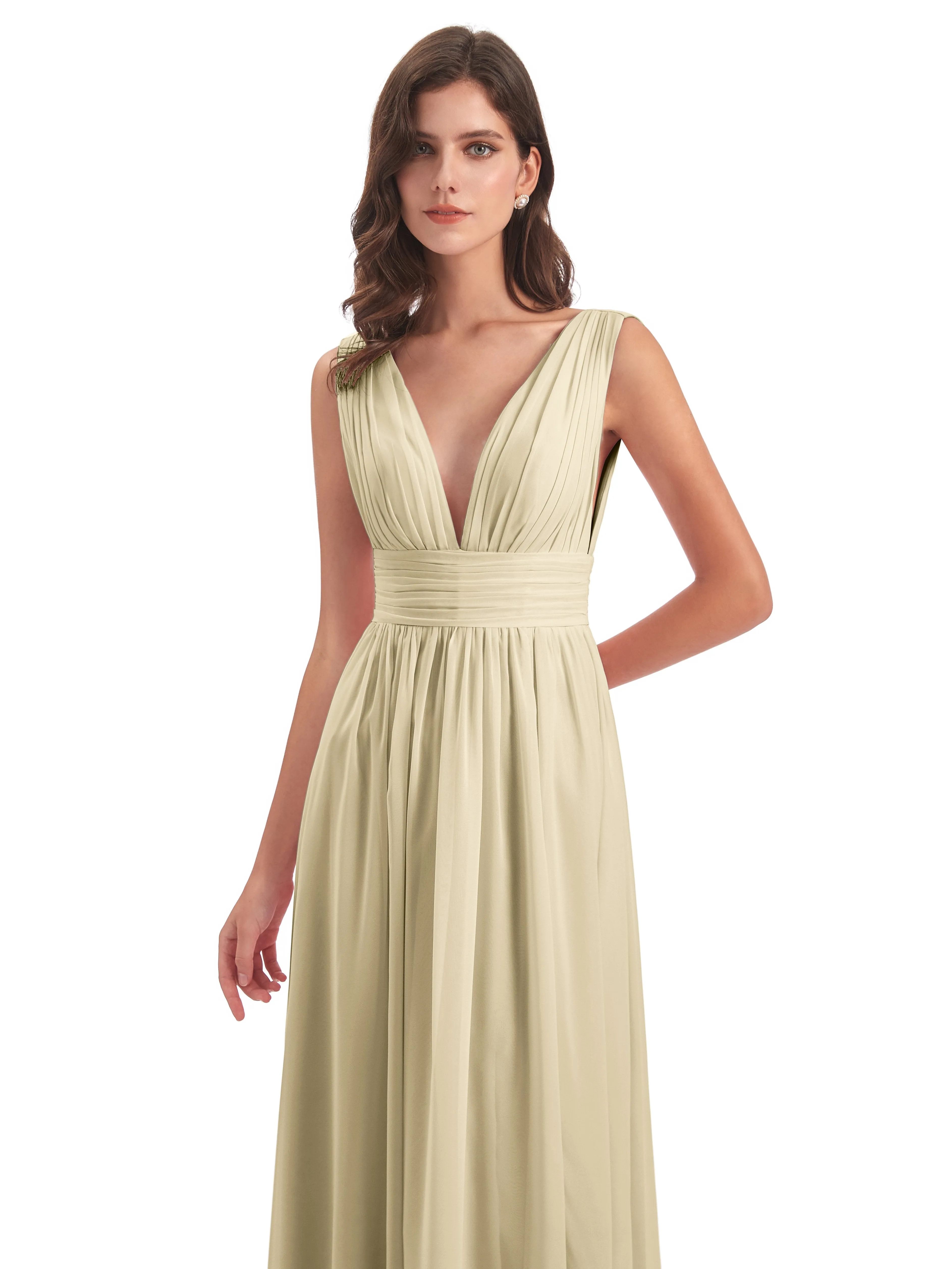 Bridesmaid Dresses Champagne Charming Chiffon V Neck Split Long Bridesmaid Dresses