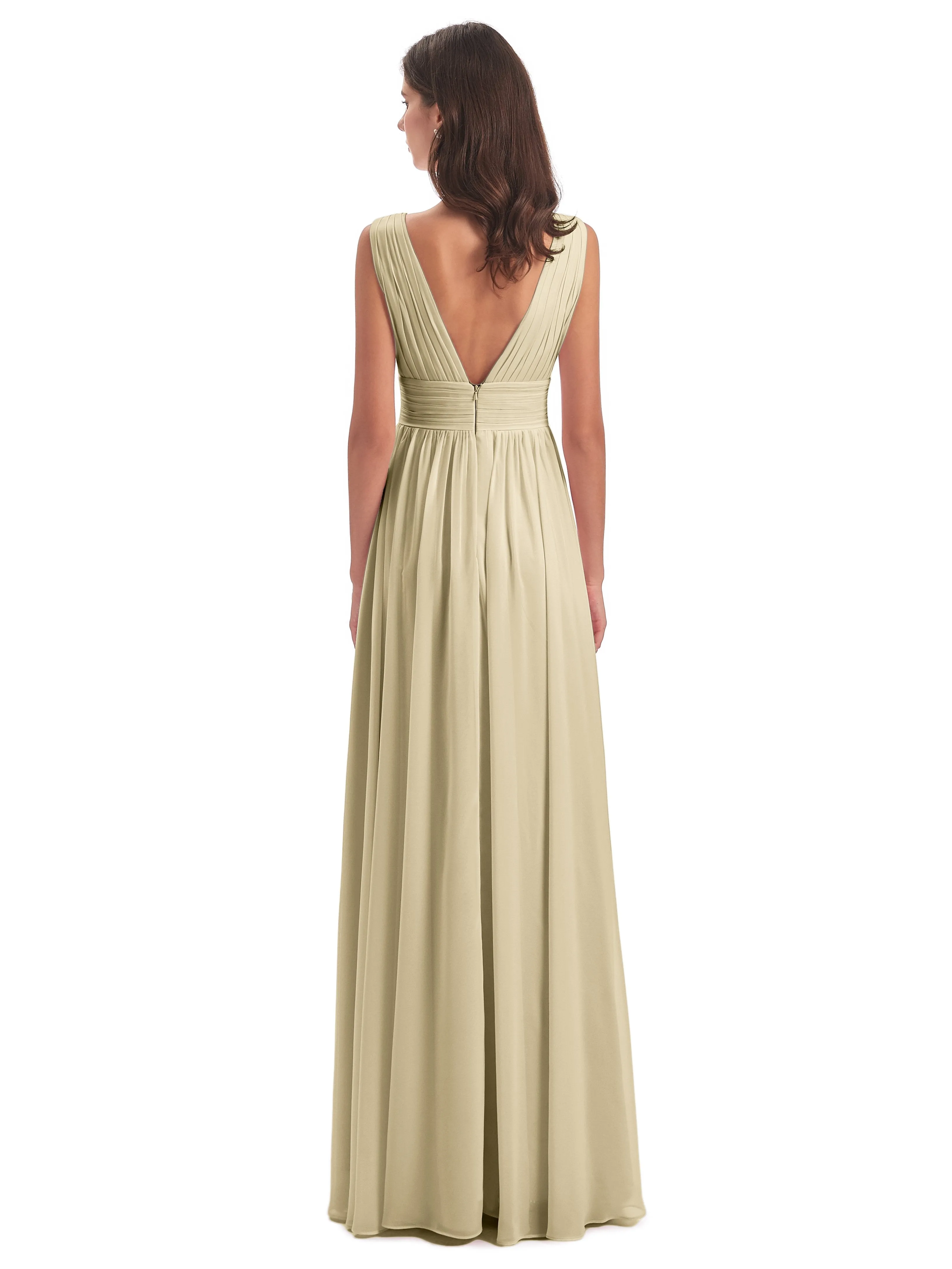 Bridesmaid Dresses Champagne Charming Chiffon V Neck Split Long Bridesmaid Dresses