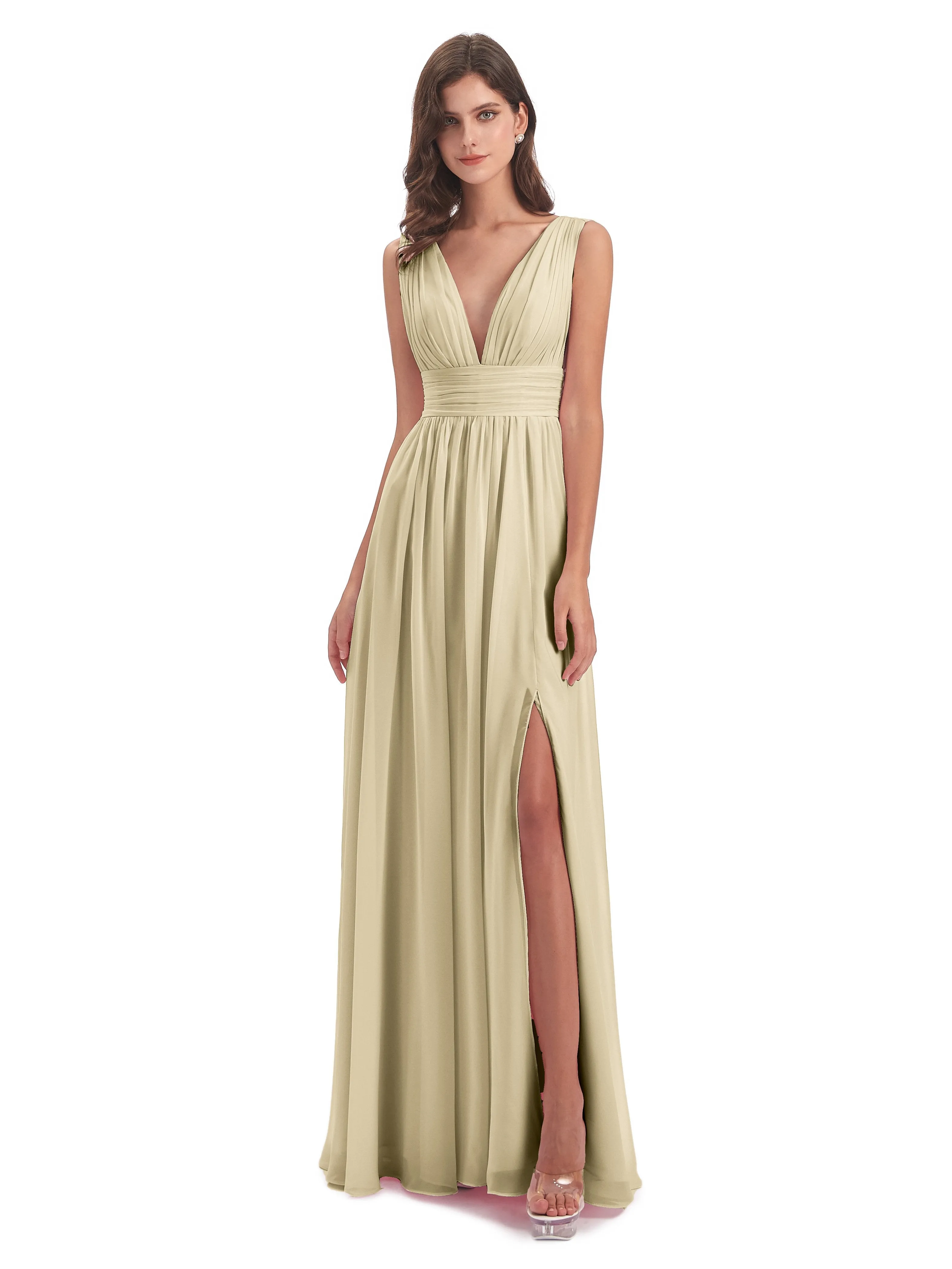 Bridesmaid Dresses Champagne Charming Chiffon V Neck Split Long Bridesmaid Dresses