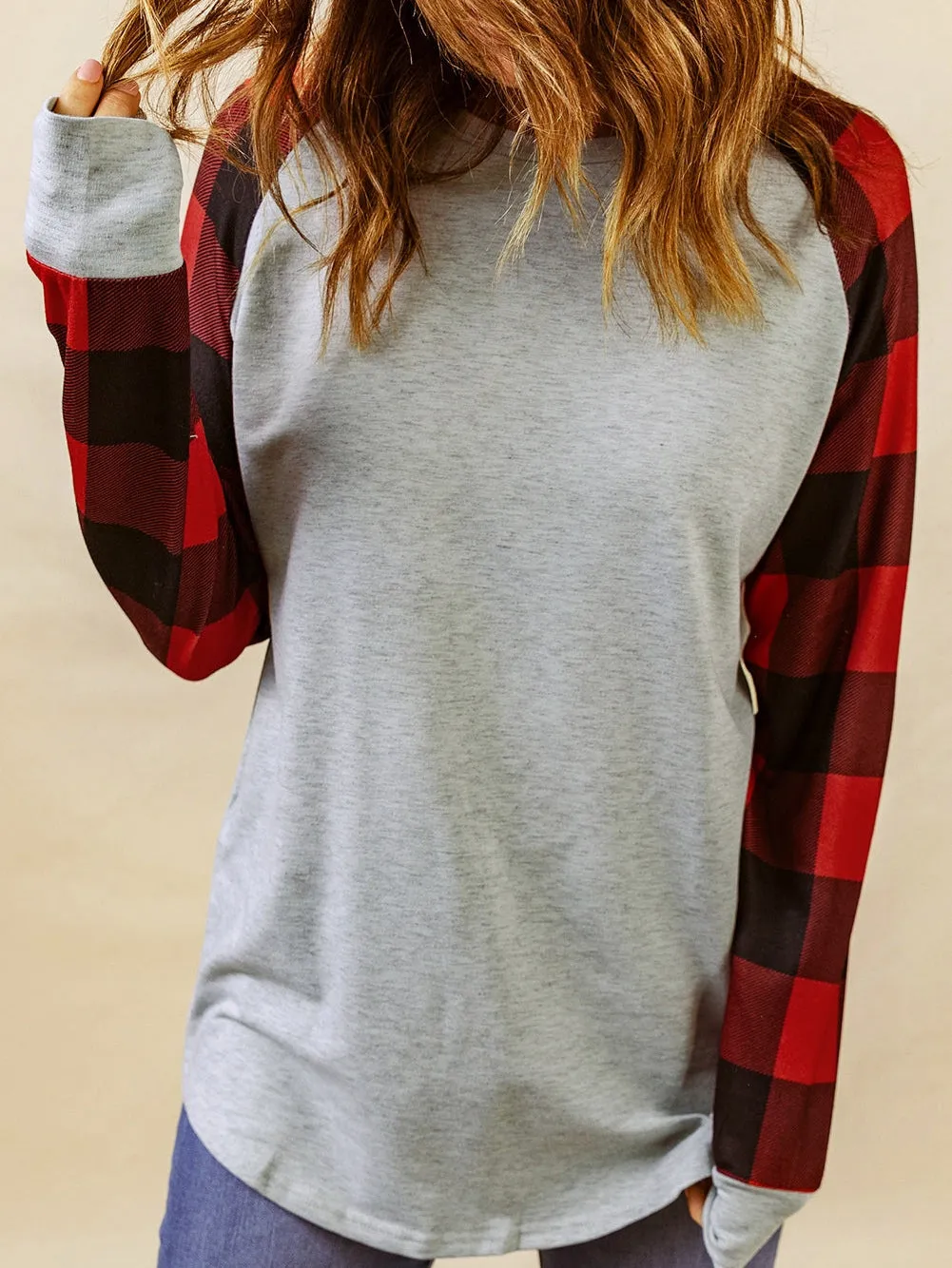 Buffalo Check Patchwork Round Neck Sweatshirt