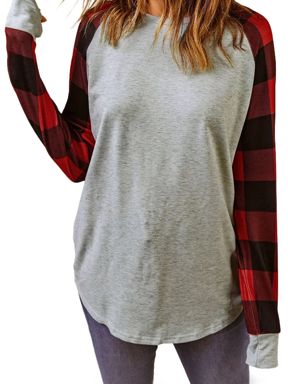 Buffalo Check Patchwork Round Neck Sweatshirt