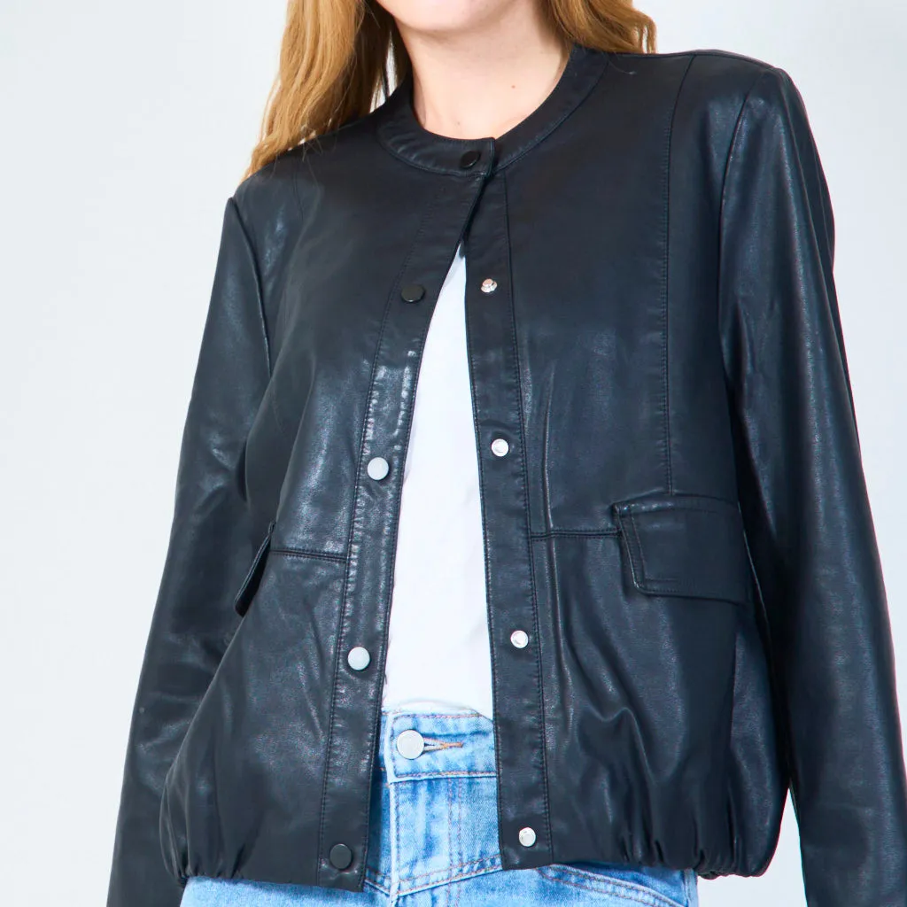 Button-up leather jacket with front pockets wholesale