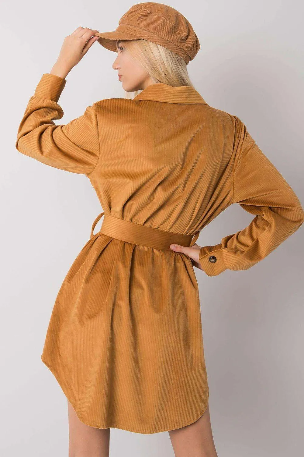 Chic Camel Button-Down Dress with Belt for Effortless Daywear Style