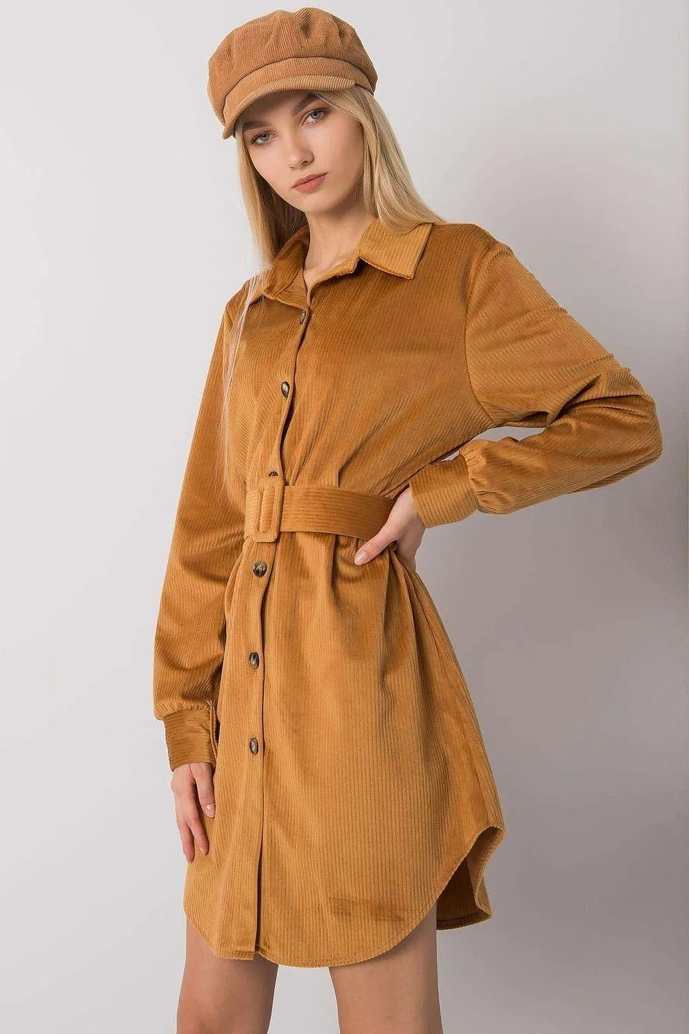 Chic Camel Button-Down Dress with Belt for Effortless Daywear Style