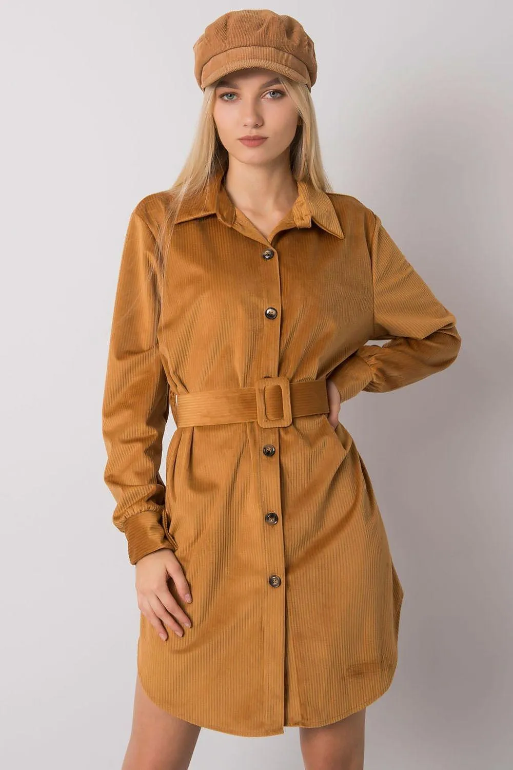 Chic Camel Button-Down Dress with Belt for Effortless Daywear Style