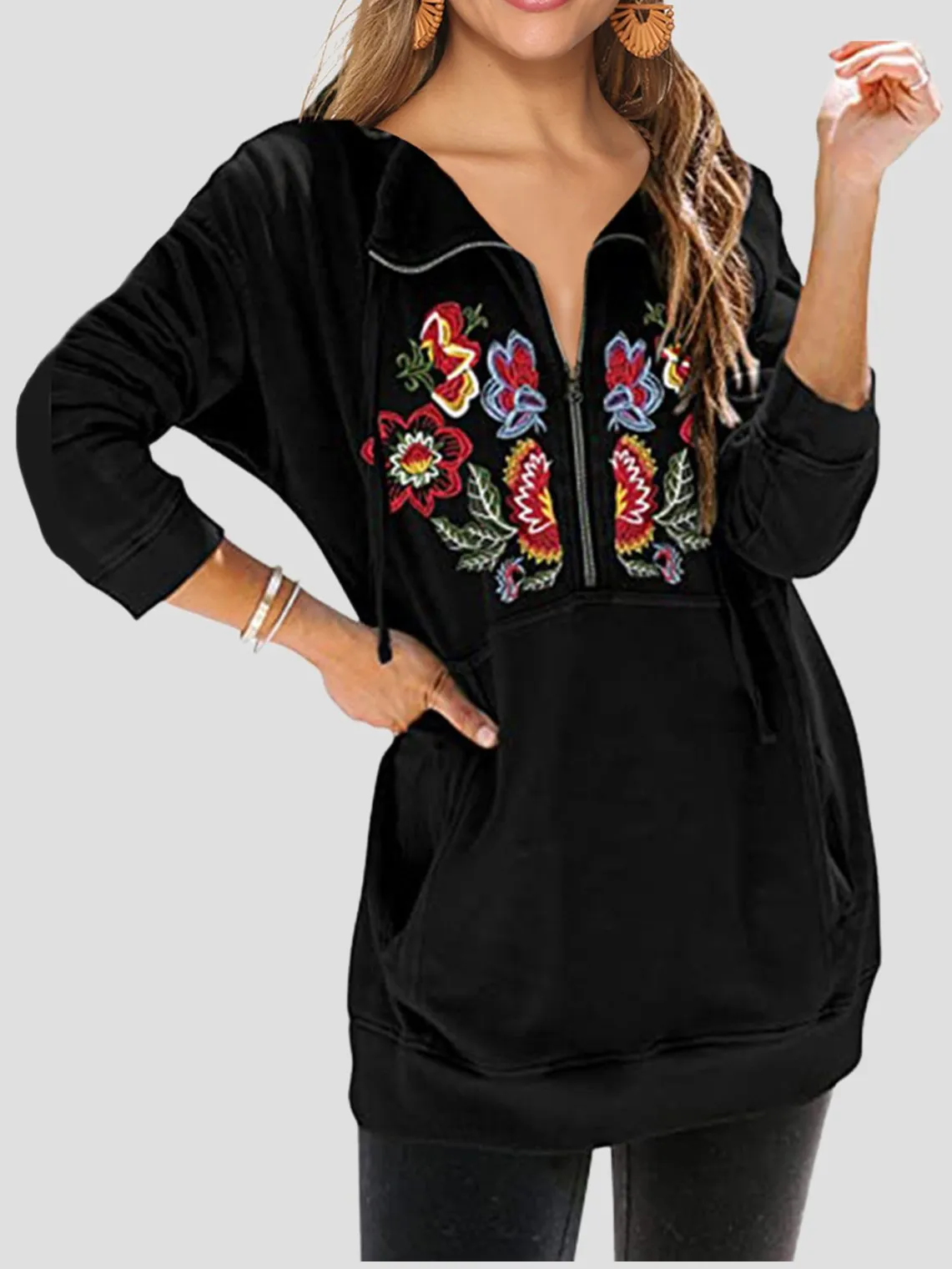 Chic Embroidered Zipper Half-placket Loose-fitting Sweatshirt