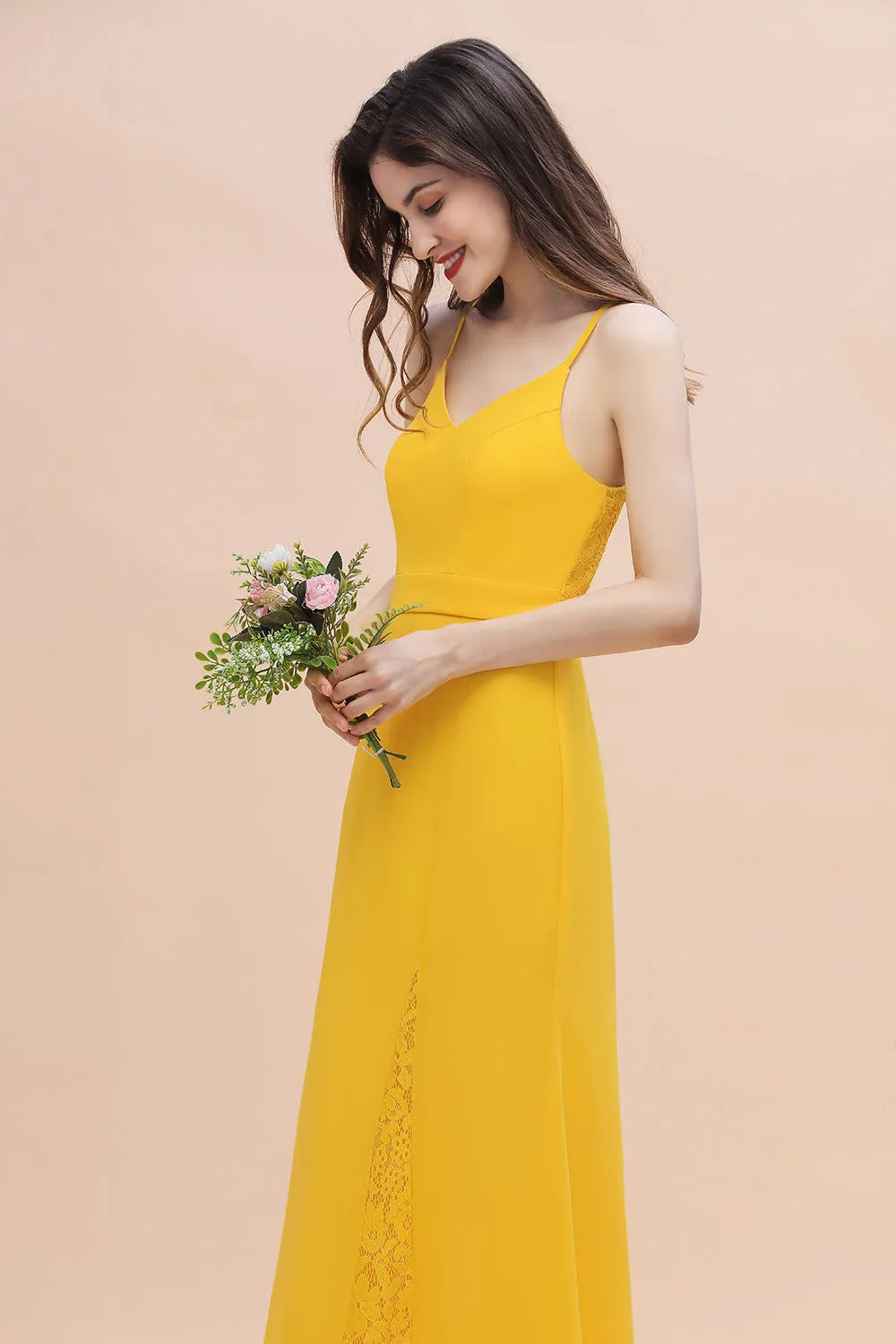 Chic Long V-neck Chiffon Backless Yellow Bridesmaid Dress