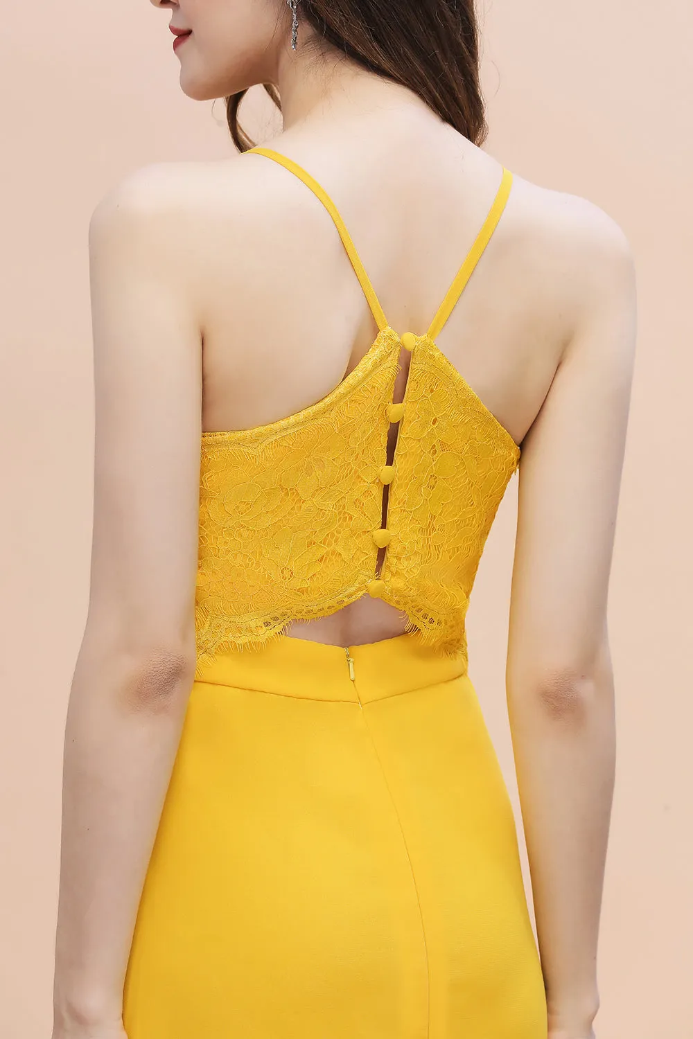 Chic Long V-neck Chiffon Backless Yellow Bridesmaid Dress