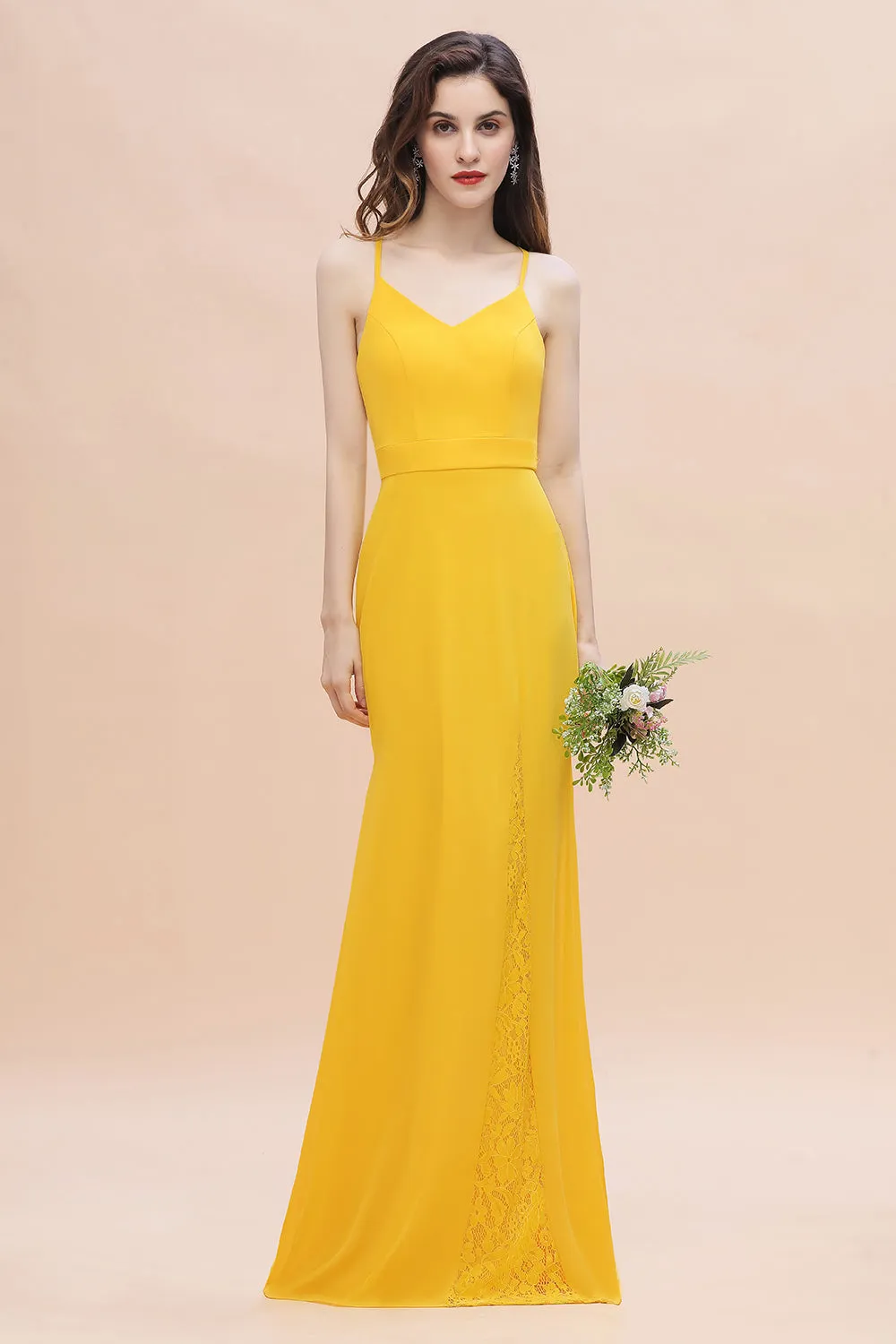 Chic Long V-neck Chiffon Backless Yellow Bridesmaid Dress