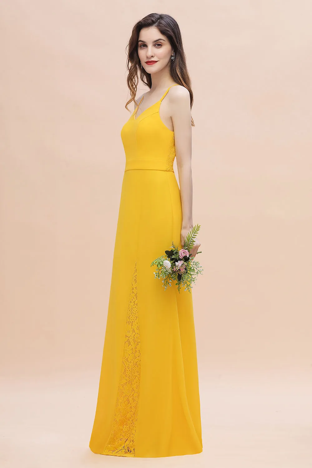 Chic Long V-neck Chiffon Backless Yellow Bridesmaid Dress