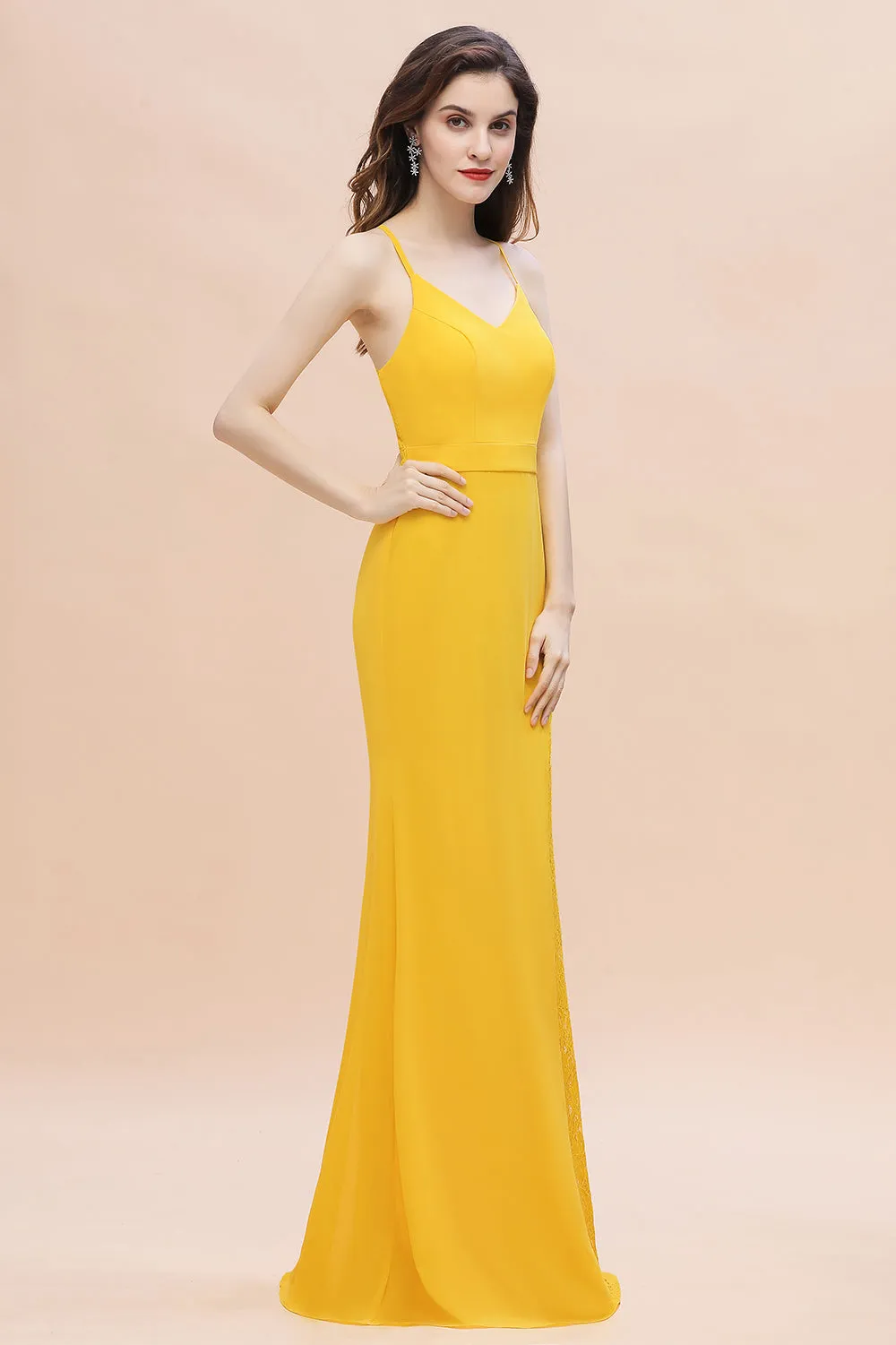 Chic Long V-neck Chiffon Backless Yellow Bridesmaid Dress