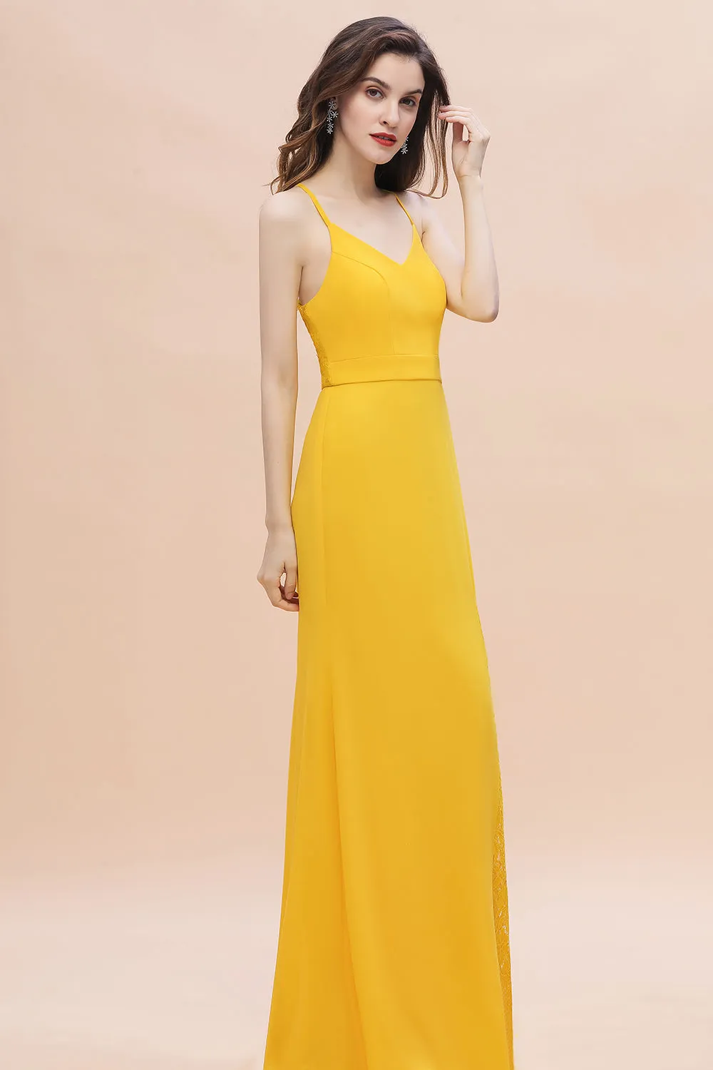 Chic Long V-neck Chiffon Backless Yellow Bridesmaid Dress