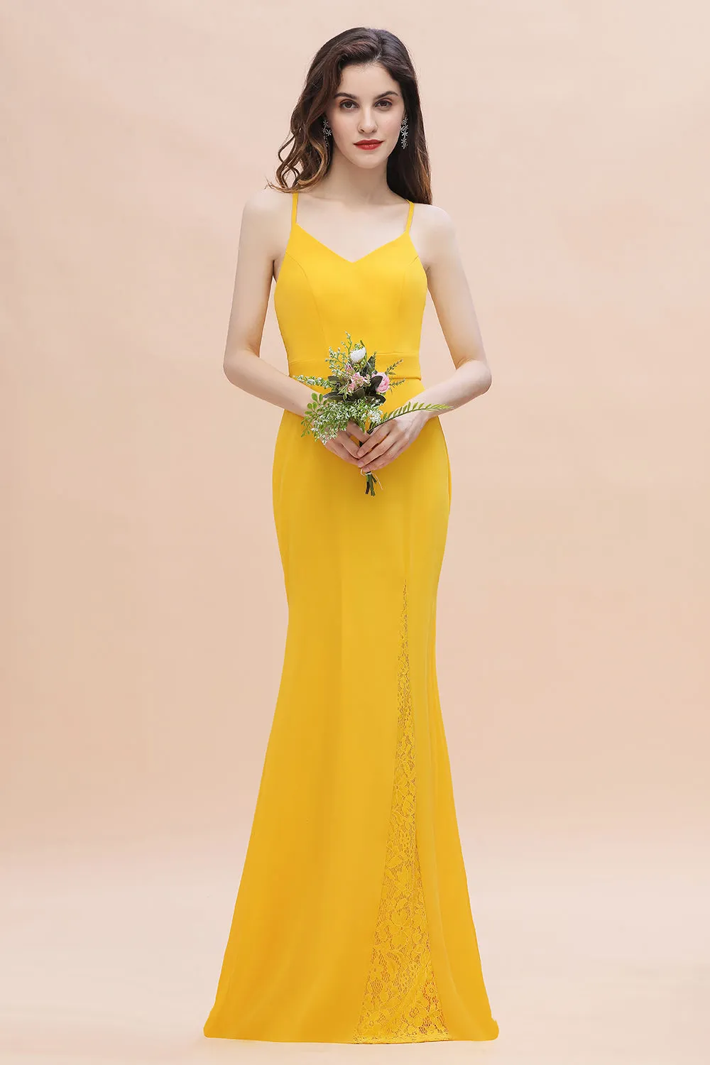 Chic Long V-neck Chiffon Backless Yellow Bridesmaid Dress