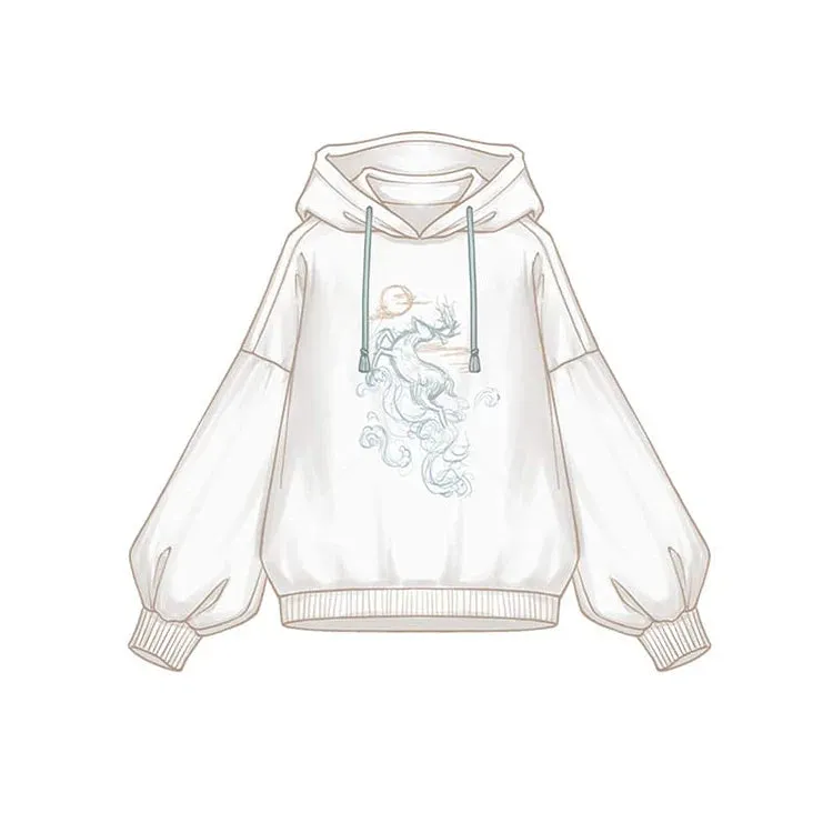 Chic Vintage Deer Embroidery Loose Sweatshirt with Coordinating Hoodie Dress