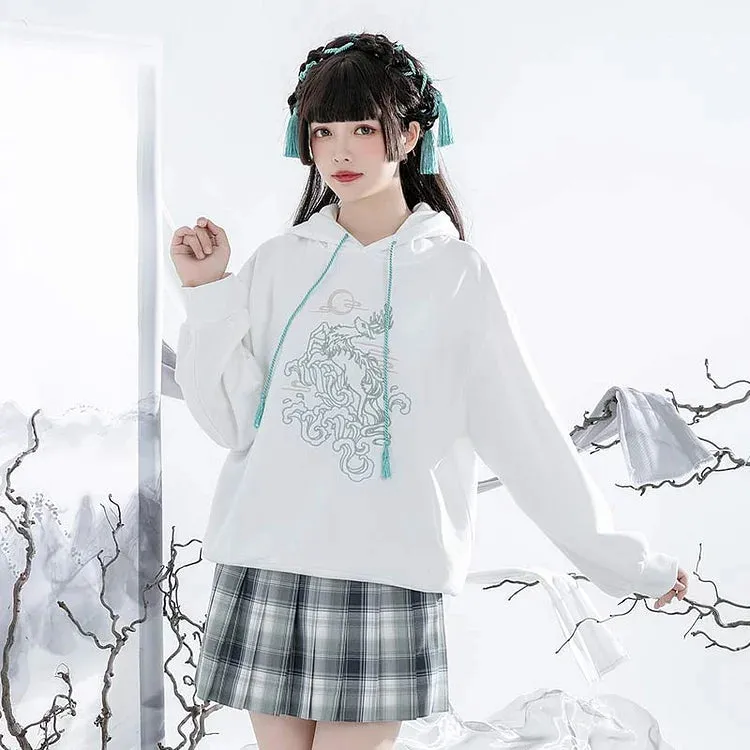 Chic Vintage Deer Embroidery Loose Sweatshirt with Coordinating Hoodie Dress