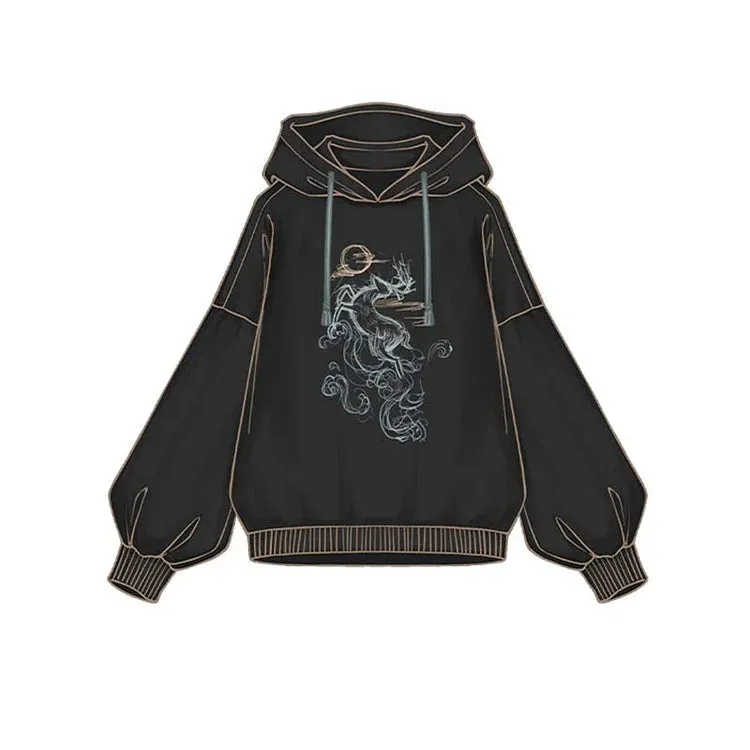 Chic Vintage Deer Embroidery Loose Sweatshirt with Coordinating Hoodie Dress