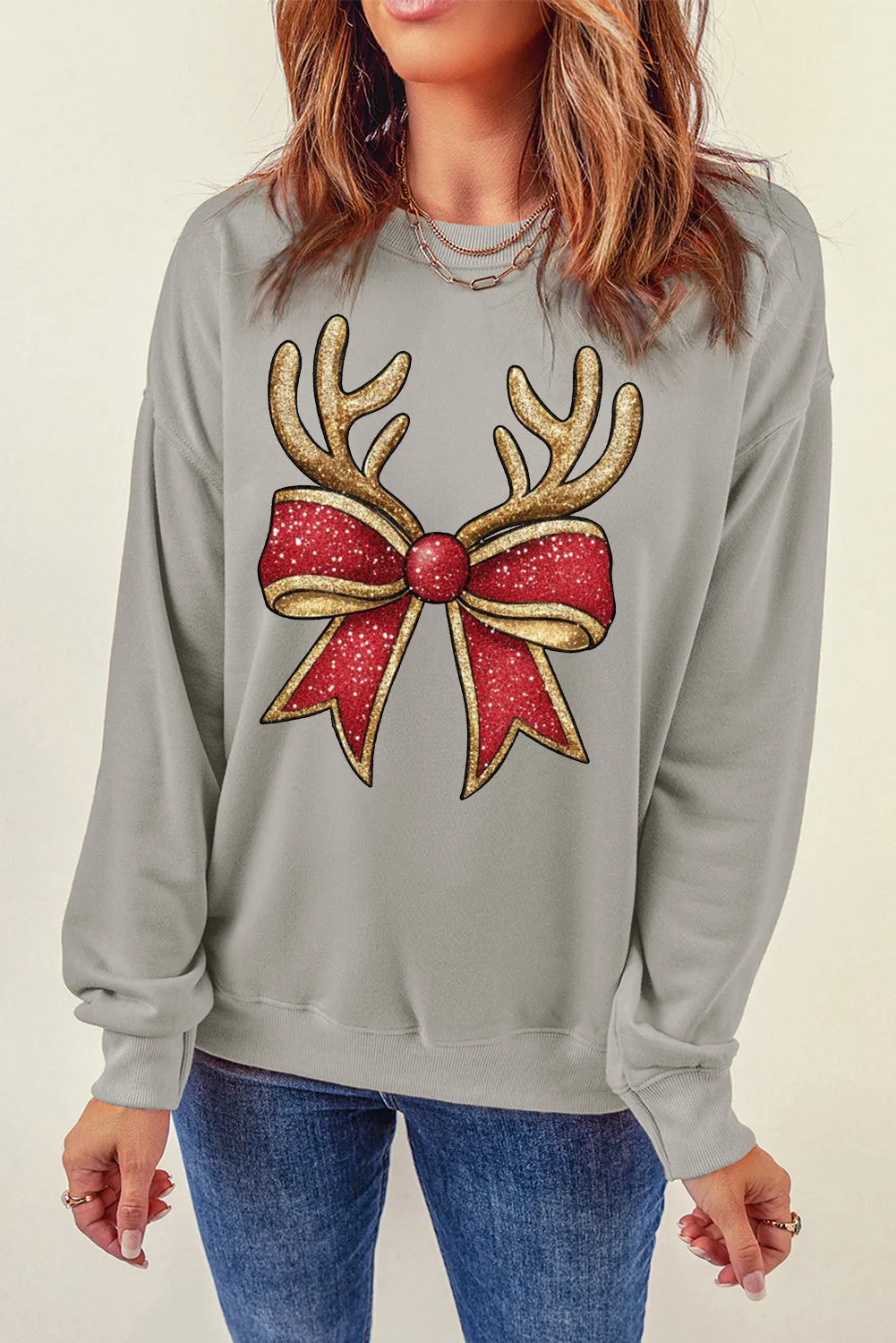 Christmas Antlers Bow Pattern Crew Neck Pullover Sweatshirt