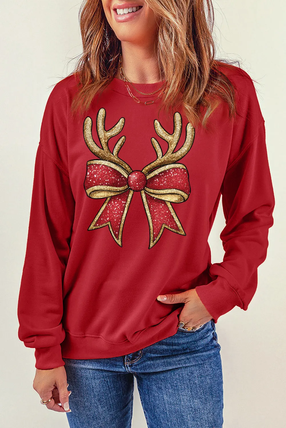 Christmas Antlers Bow Pattern Crew Neck Pullover Sweatshirt