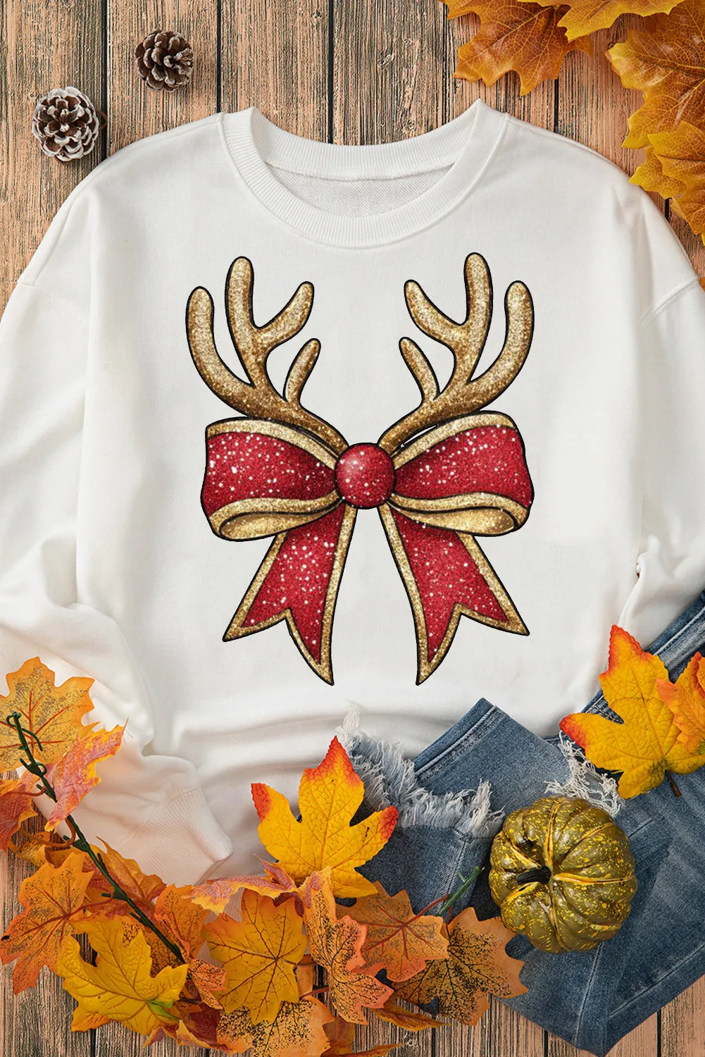 Christmas Antlers Bow Pattern Crew Neck Pullover Sweatshirt