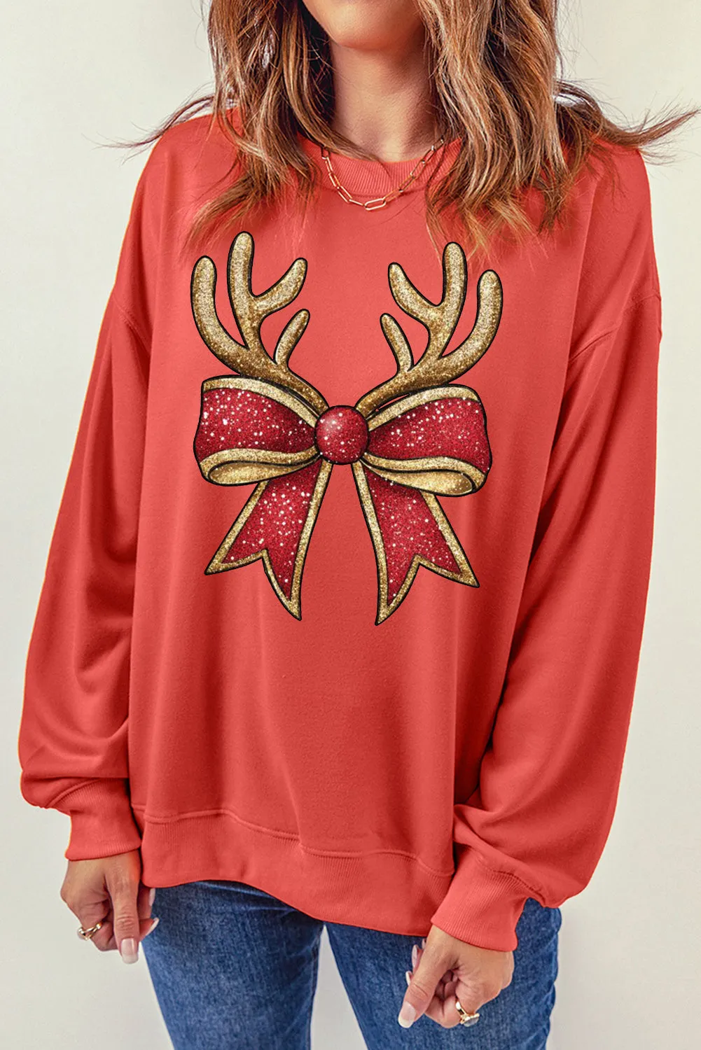 Christmas Antlers Bow Pattern Crew Neck Pullover Sweatshirt