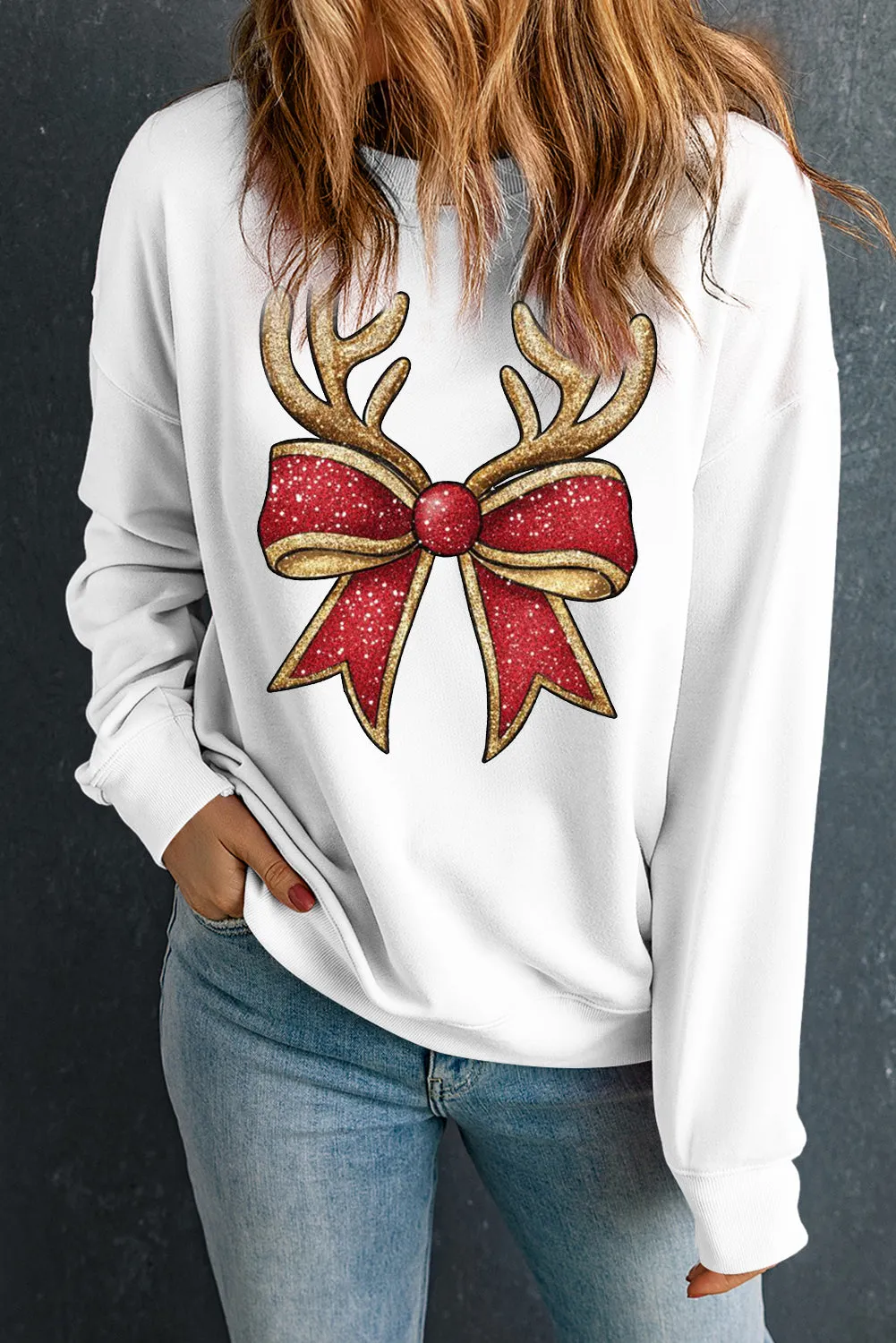 Christmas Antlers Bow Pattern Crew Neck Pullover Sweatshirt