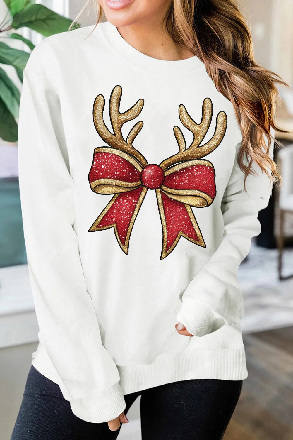 Christmas Antlers Bow Pattern Crew Neck Pullover Sweatshirt