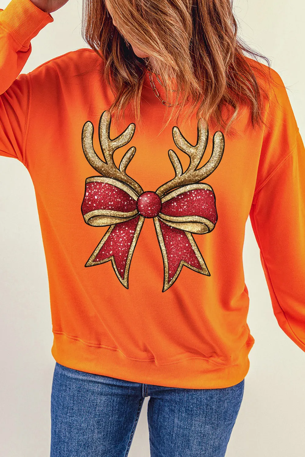 Christmas Antlers Bow Pattern Crew Neck Pullover Sweatshirt