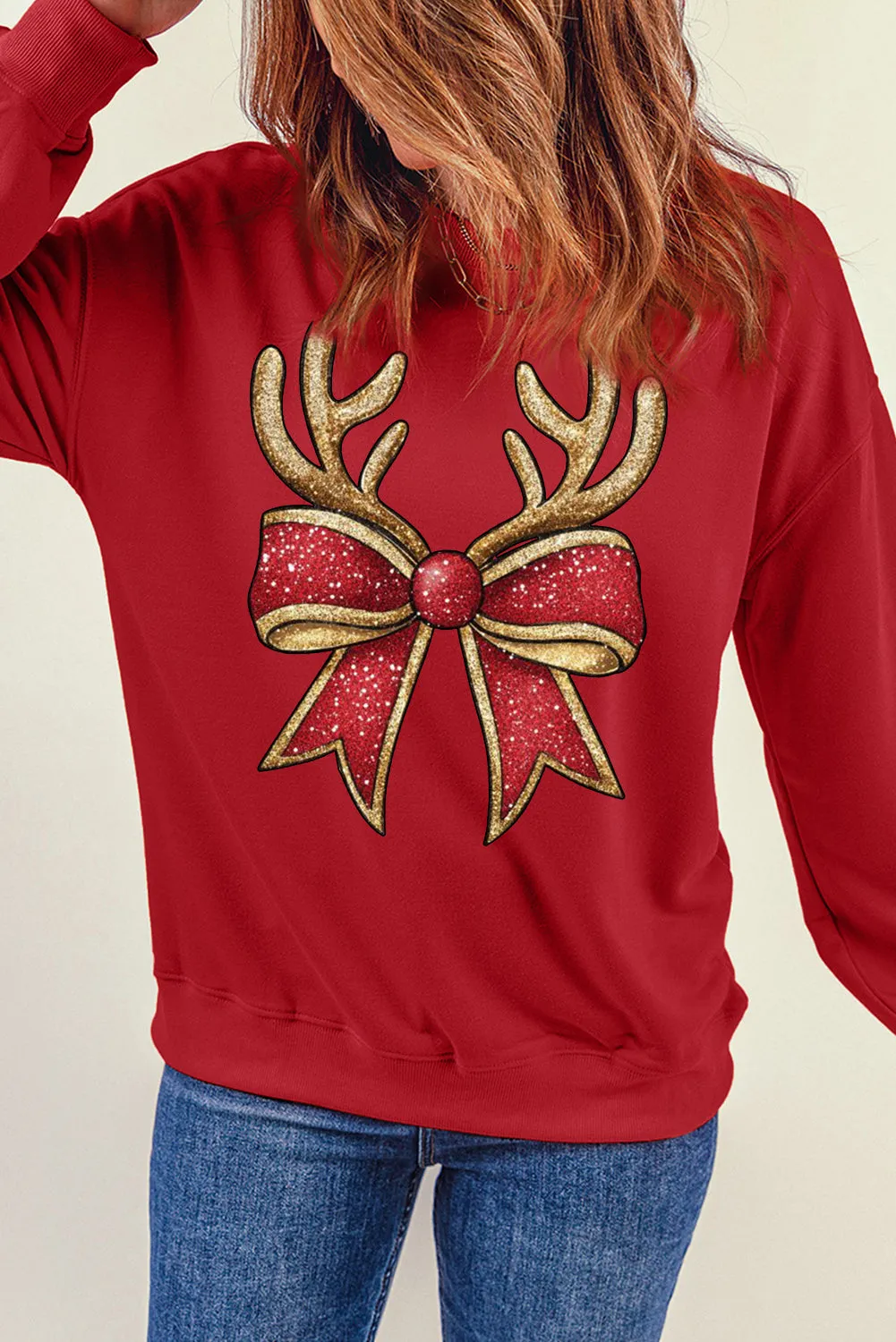 Christmas Antlers Bow Pattern Crew Neck Pullover Sweatshirt