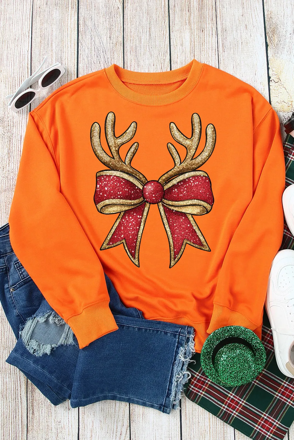 Christmas Antlers Bow Pattern Crew Neck Pullover Sweatshirt