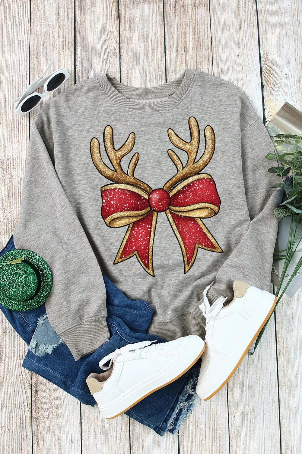 Christmas Antlers Bow Pattern Crew Neck Pullover Sweatshirt