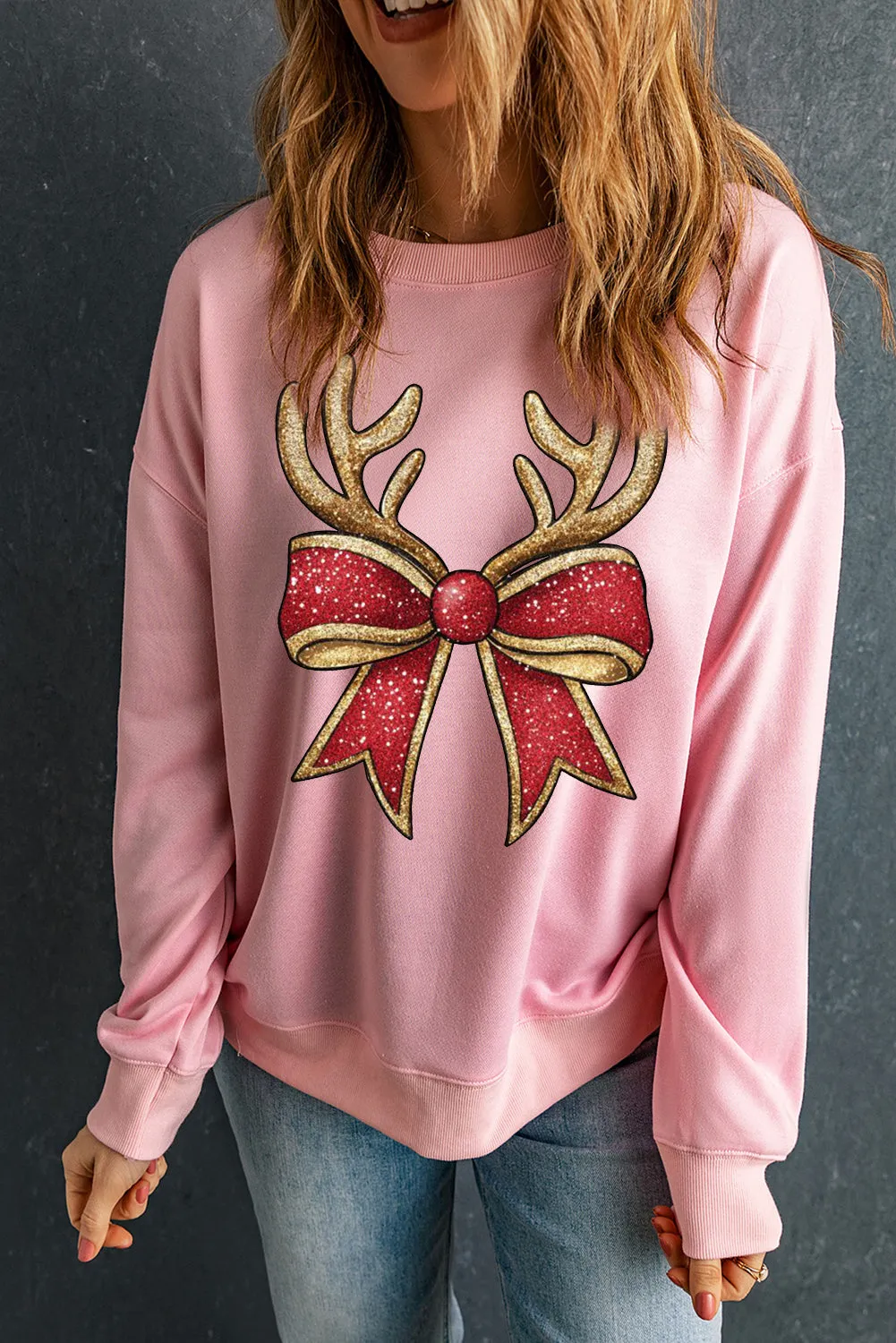 Christmas Antlers Bow Pattern Crew Neck Pullover Sweatshirt