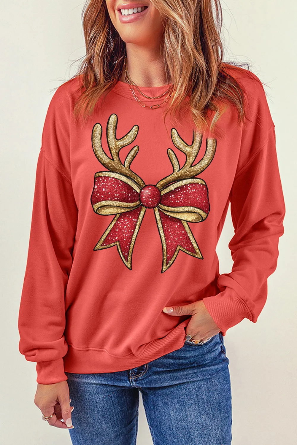 Christmas Antlers Bow Pattern Crew Neck Pullover Sweatshirt