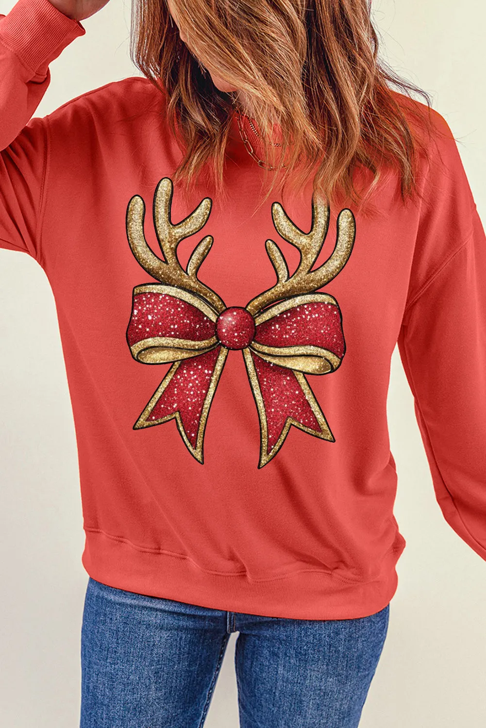 Christmas Antlers Bow Pattern Crew Neck Pullover Sweatshirt